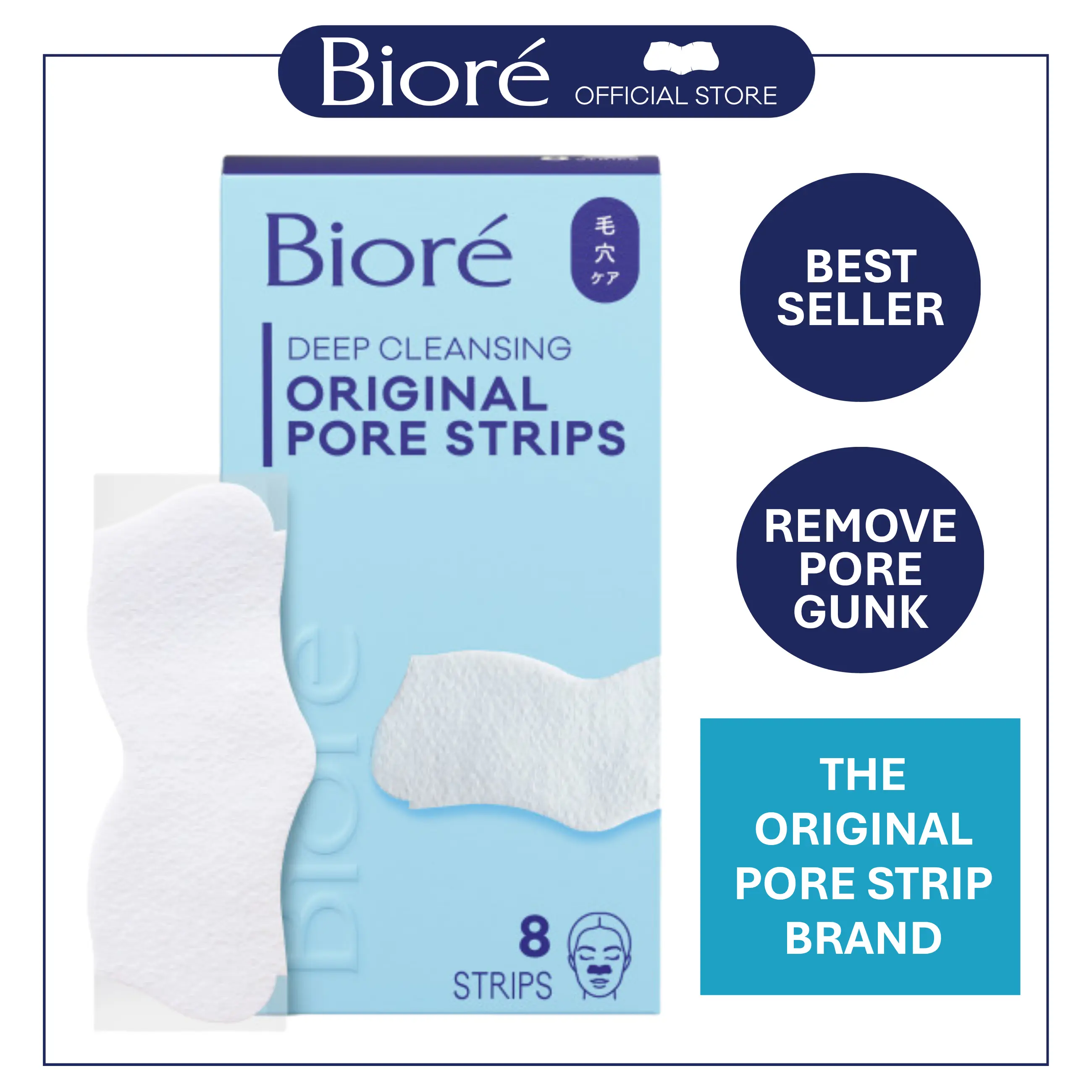 Bioré Skincare Original Deep Cleansing Pore Strips, Blackhead Removal Nose Strips, Instant Pore Unclogging, Oil-Free, Non-Comedogenic, 8-Count Pack