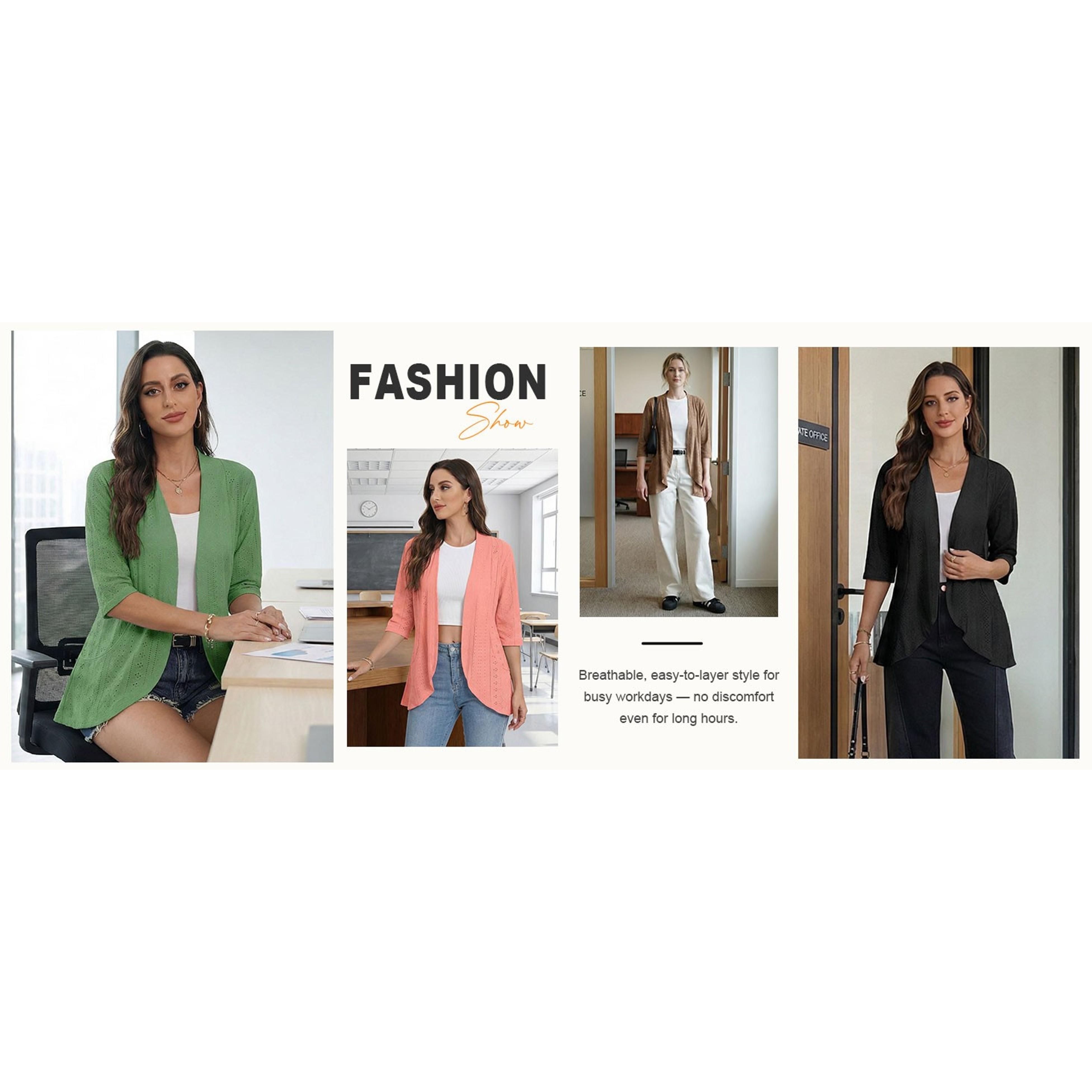 Women Cardigan 3/4 Sleeves Open Front Lightweight Soft Netted Knit Draped Ruffles Cardigan Kimono Cover Ups