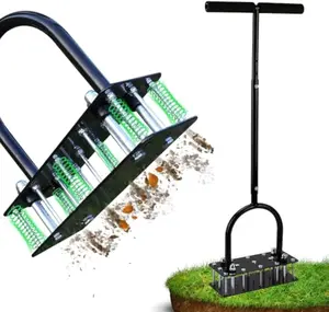 Lawn Aerator - Aerator Lawn Tool, Automatic Dirt and Leaf Clean Design, Heavy Duty Manual Lawn Aerator Tool with 15 Iron Spikes, Height Adjustable, Yard Grass Aerator for Lawn (Black)