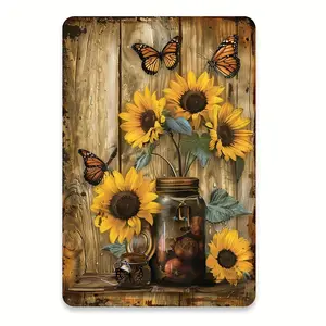 1pc Sunflower and Butterfly Themed 8*12 Inch Aluminum Wall Decor Sign - Rustic Home Decor with Vibrant Sunflowers and Butterflies, Easy to Hang, No Electricity Needed, Perfect for Living Room, Bedroom, or Kitchen, Bedroom Wall Accent |   Ar