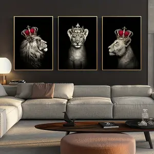 3 pieces of canvas art wall decoration featuring coronation portraits of lions and lionesses, abstract animal printing posters, 2D flat printing frameless paintings for home office, living room, bedroom, and dining room decoration, Modern Abstract Design