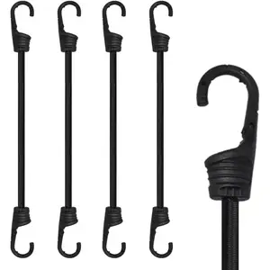 12-Inch Bungee Cords with Hooks Black Elastic Rope Straps for Camping, Bike, Folding Wagon, Trunk etc. [4PCS, Plastic-clad Steel Hook]