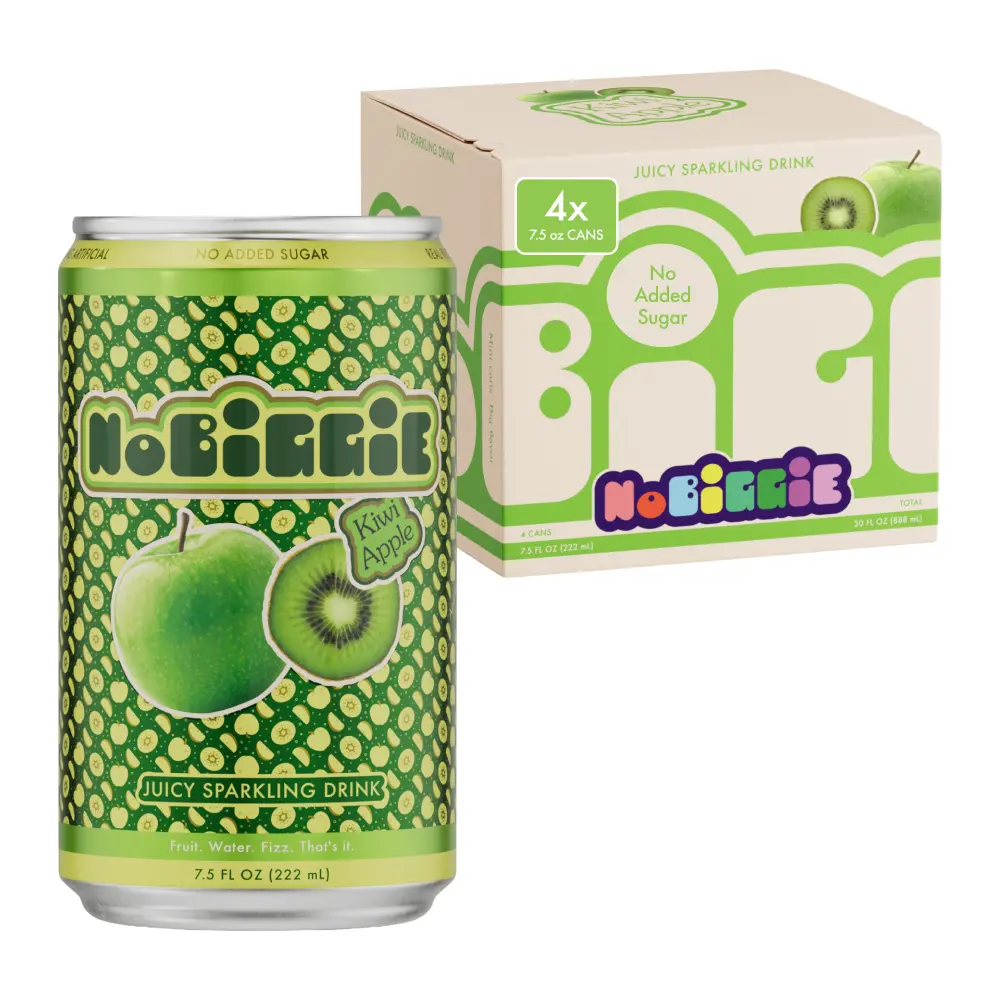NoBiggie Kiwi Apple Sparkling Juice for Kids | 4-Pack Mini Cans | Made with Real Fruit Juices & Purées, 4 x 7.5 fl oz Cans, Only 5g Sugar per Can, No Added Sugar, No Artificial Ingredients