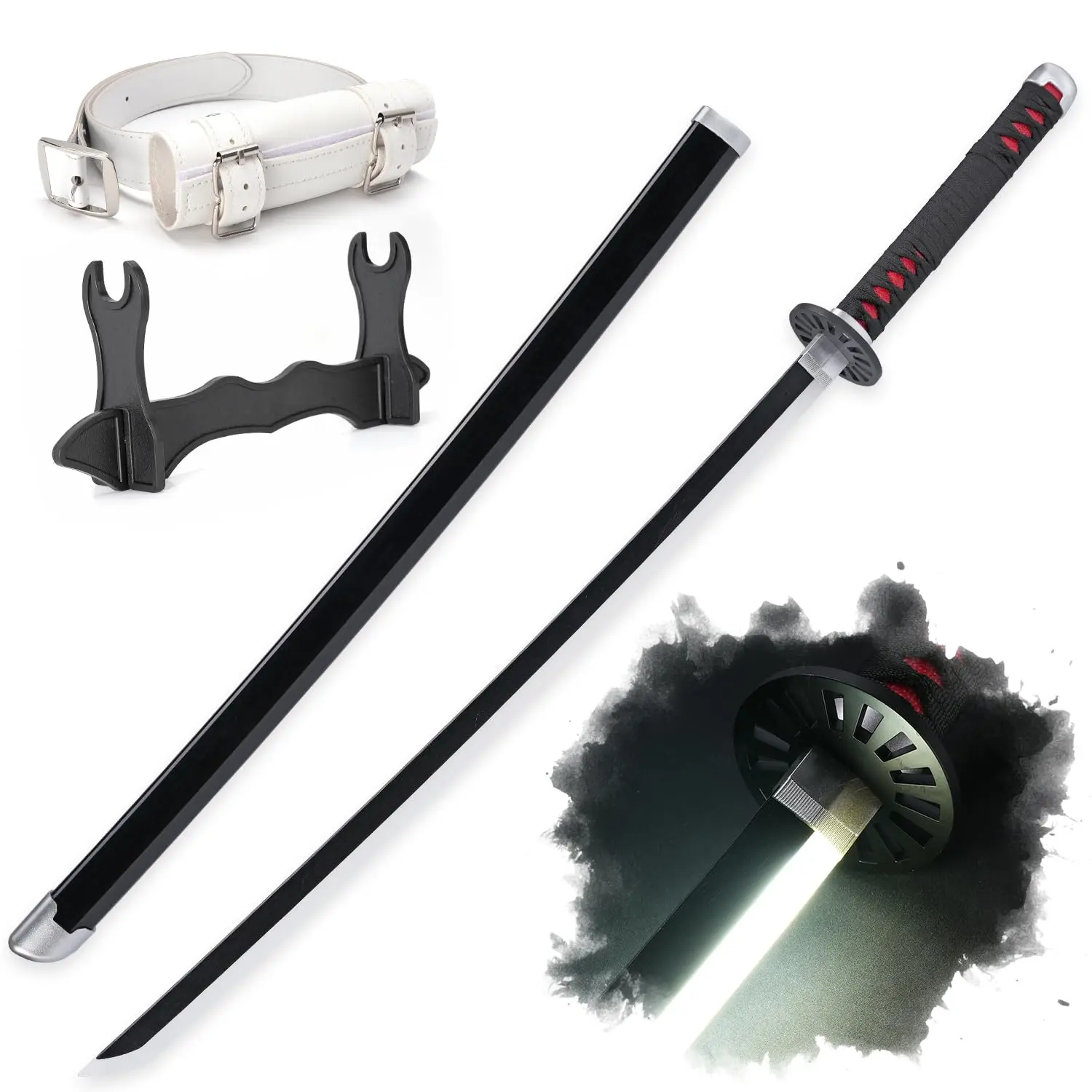 ELERVINO 41 inches LED Light Plastic Demon Slayer Kamado Tanjirou Cosplay Sword with White Belt, Holder Display Stand - 12+ Years Above, Anime Fans, Halloween/Christmas Gift, Toy Sword Prop for Cosplay Role Playing