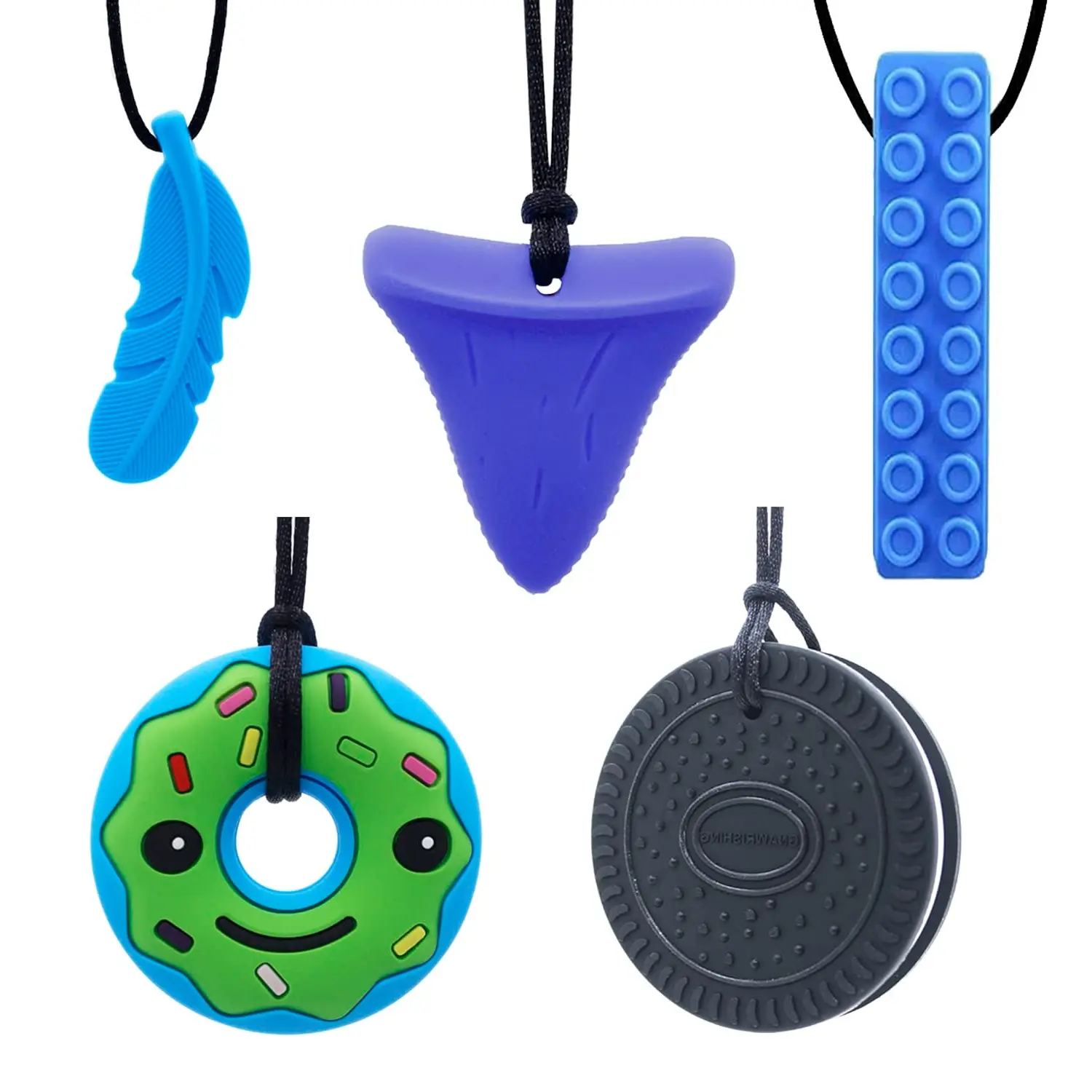 FNE5 Silicone Sensory Chew Necklaces (5 Pieces) - BPA-Free, Phthalate-Free, Easy-to-Clean, Long-Lasting Reusable Chew Toy for Kids - Soothes Anxiety, Stimulates Oral Cavity for Autism Oral Motor Needs