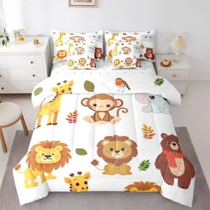 Cute Animal 7 Piece Bedding Set,Cartoon Lion Comforter Set with Sheets Giraffe Monkey Elephant Bear Bird Bed in a Bag Leaves Kawaii Animals Theme for Kids Boys Girls