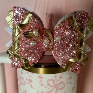 Croquette Bow Chantilly Pink and Gold Tumbler Bow Straw Topper - Lightweight Durable Elegant Design for Everyday Use Gifts