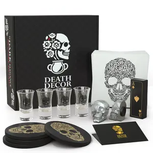 Death Decor Gothic Skull Shot Glass Gift Set - 4 Skull Glasses, Black Coasters, Waterproof Playing Cards & Skull Napkins - Elegant Edgy Gift Box Drinkware Stylish Spooky