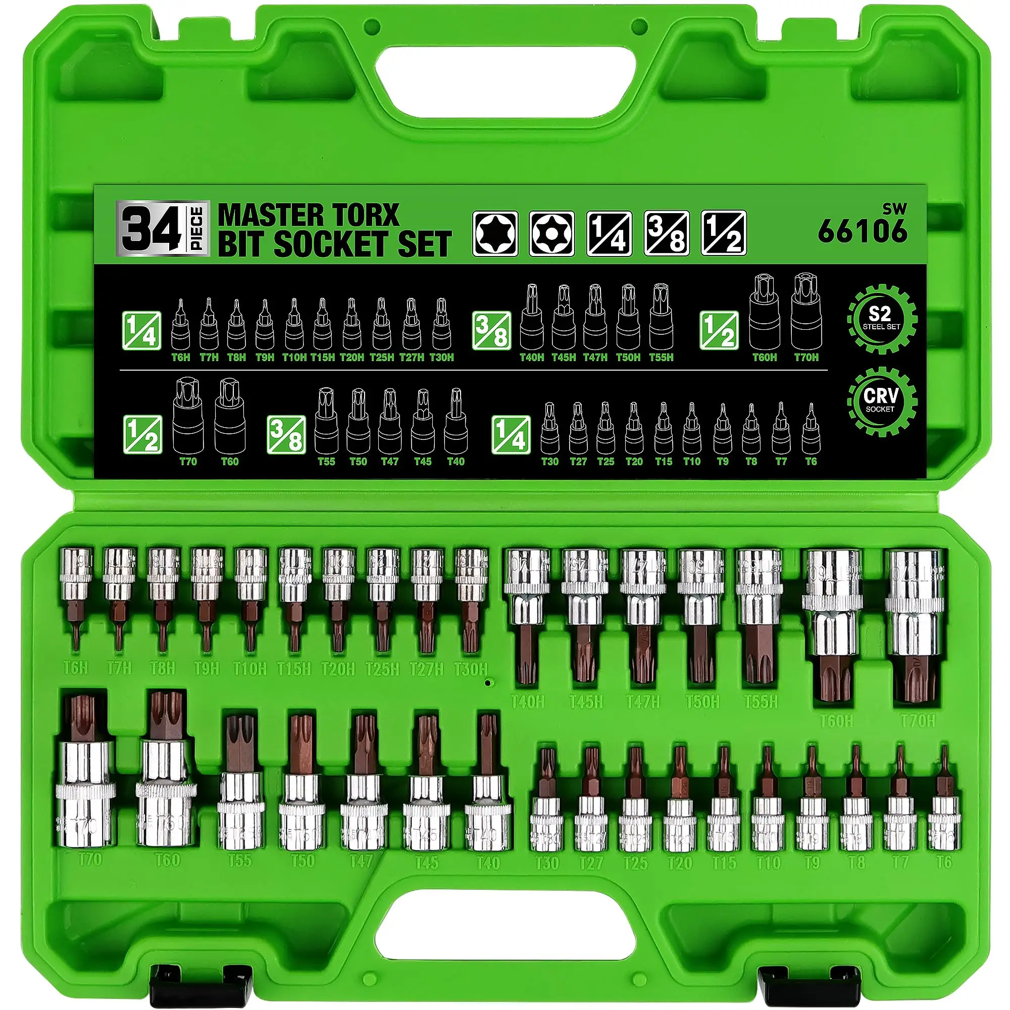 SWANLAKE 34PCS Master TORX Bit Socket Set, Premium S2 Alloy Steel, Solid Star & Tamper Proof T6 ~ T70 multifunctional