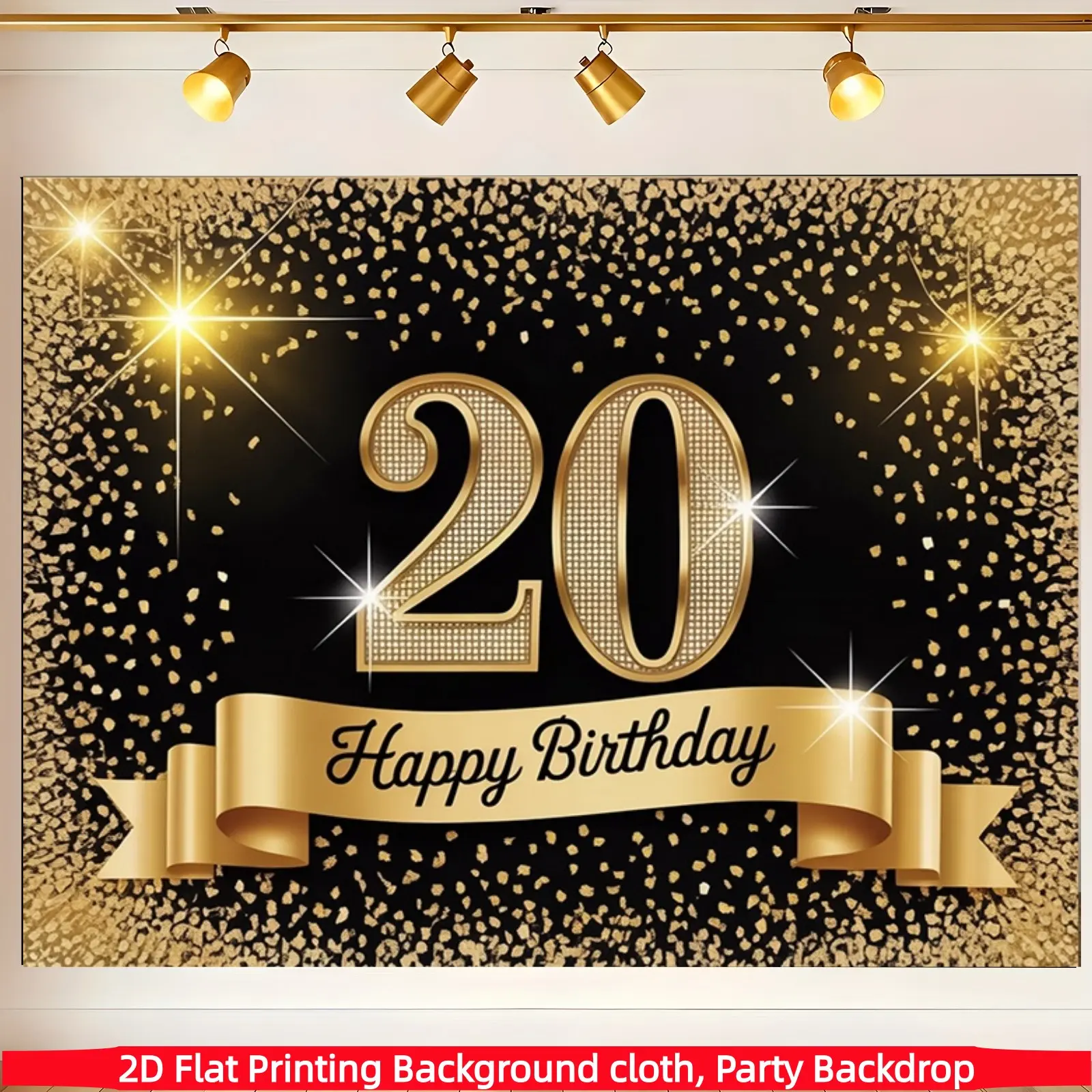 2DFlat1pc Black & Gold 20thBackdrop Banner, With Shiny Gold Powder Number and Ribbon Elements, Ideal for 20th Birthday Celebration, 20 Years Old Birthday Party, Birthday Gathering Decoration, Also as Photo Background or Wall Hanging Decor