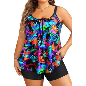 Daci Women's Plus Size Two-Piece Tankini Swimsuit - Flowy Swimming Top with Pocketed Shorts