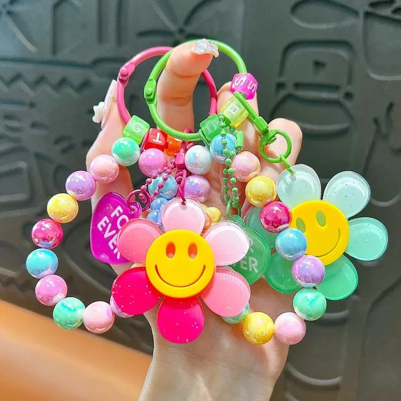 Colorful Sweet Flower KeyChains Beaded Chains Keyring Acrylic Flowers Key Accessories For Cellphone, Bag Hanging Pendent Charms