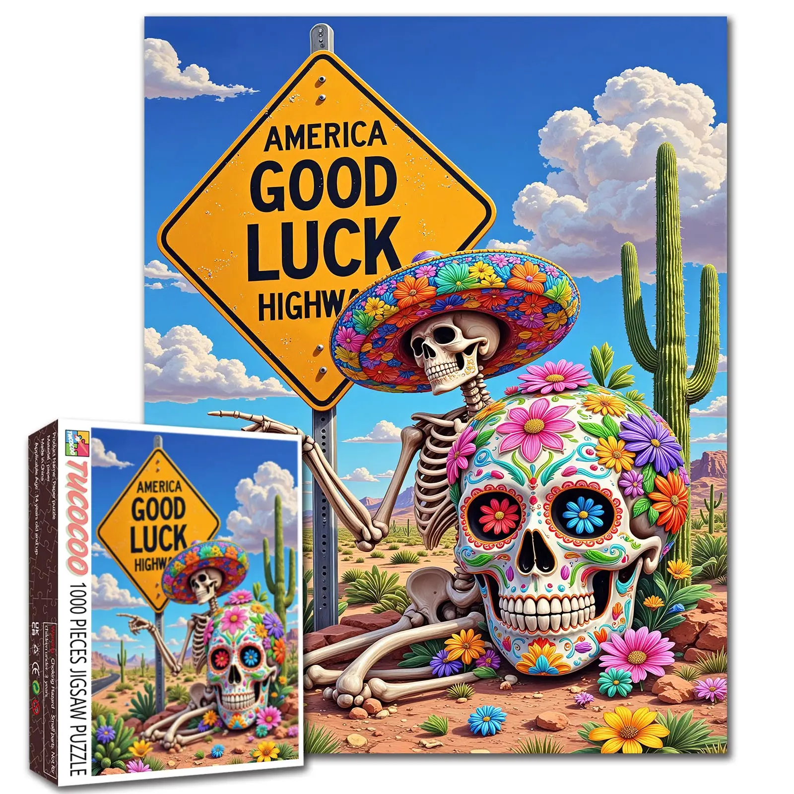 Tucocoo Colorful Sugar Skull Desert 1000 Pieces Jigsaw Puzzle Floral Skull Skeleton Cactus Southwest Folk Art for Adults, Family Game Night, Stress Relief, Brain Challenge, Wall Decor Gift, 27.5x20inch(70x50cm)