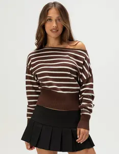 RSQ Womens High Rib Stripe Off The Shoulder Sweater