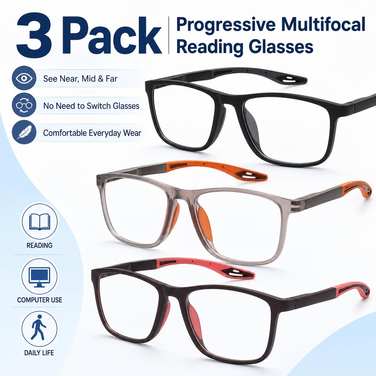 ViewSelect Blue Light Blocking Progressive Reading Glasses with Spring Hinge - HD Anti-Fatigue Computer Readers for Men & Women (Black, Orange, Clear)