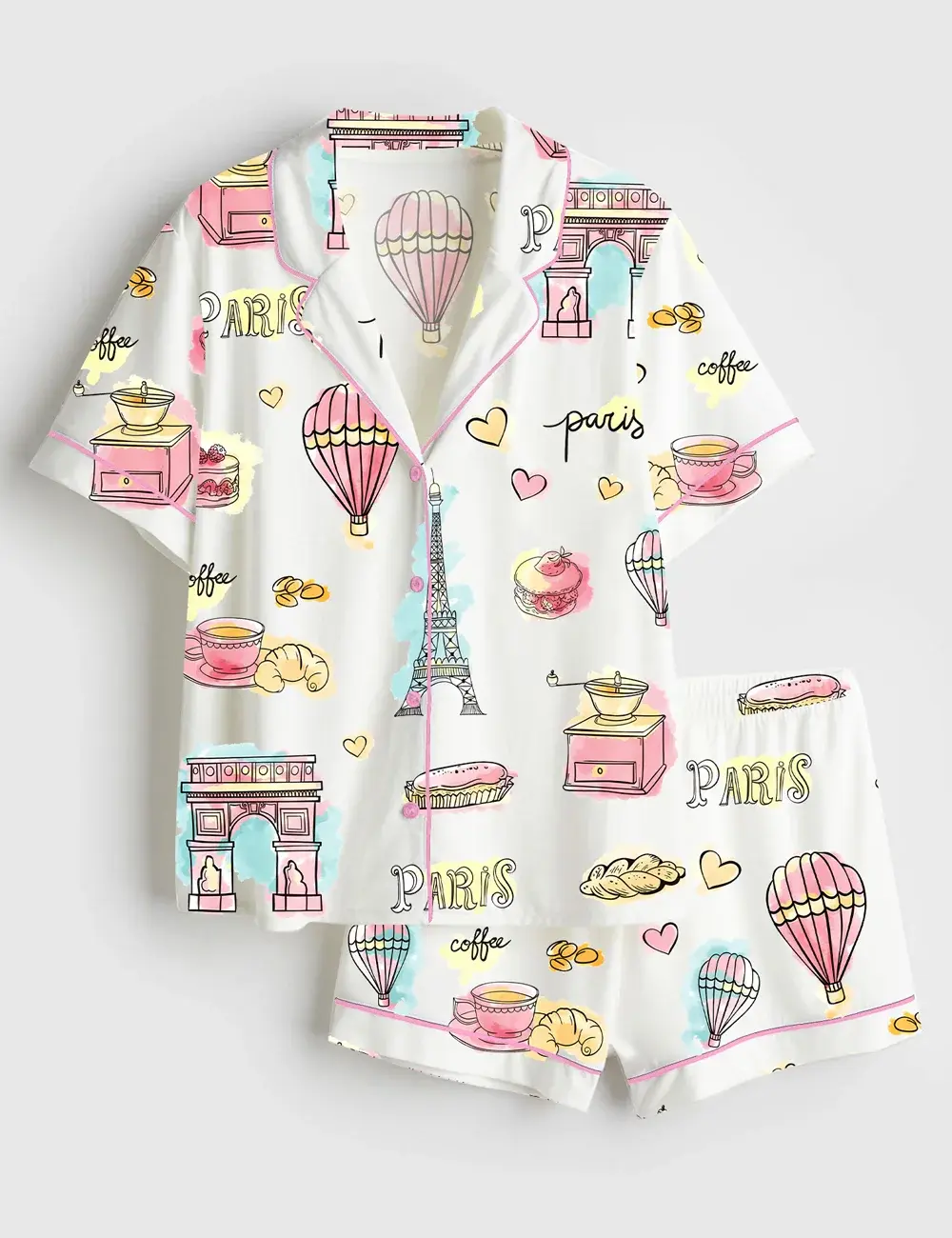 Bonjour Paris Eiffel Tower Travel To France Short and Long Sleeve Pajama Set Sleepwear for Women