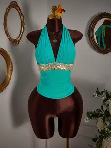 Summer Women's Fashion Chic Sexy Vacation Floral Lace Trim Halter V-Neck Fitted Tank Top, Perfect for Travel, Holiday, Casual Wear, Womenswear