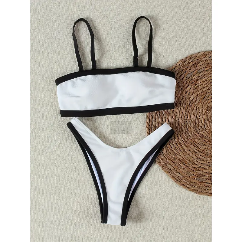 Women's 2-Piece Stretch Ribbed Knit Synthetics Bikini Set - Polyester-Elastane, Contrast Binding, Halter Triangle Deep V-Neck Top, High Waisted Swim Briefs, S Size, Hand & Machine Washable, for Swimming, Beach Vacation