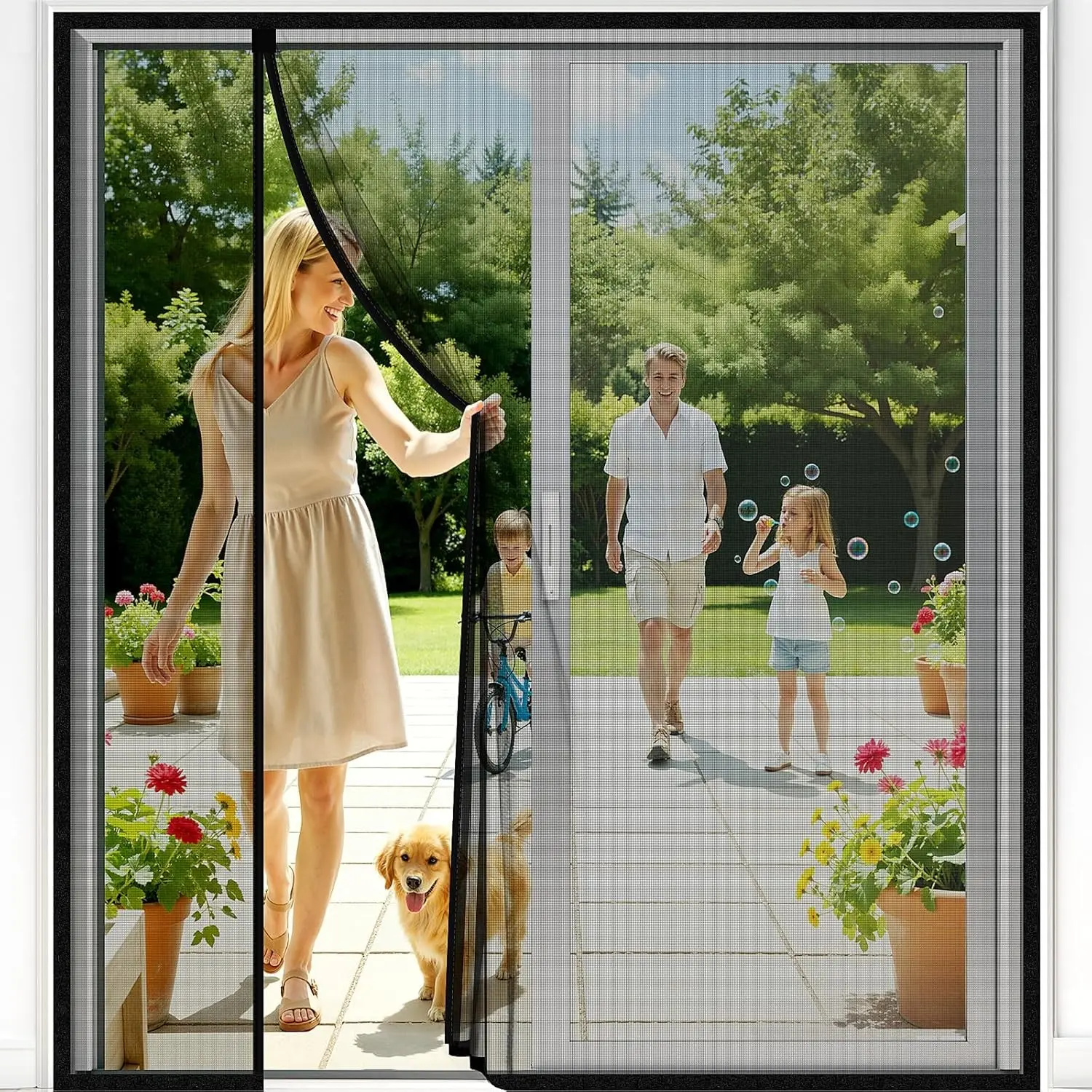 Magnetic Closure Screen Door, Reversible Mesh Door Screen Fits 72" x 80" Door, Heavy-Duty Magnetic Mesh Curtain for Sliding Door and French Door, Self-Sealing, Portable Patio Screen (74" x 81")
