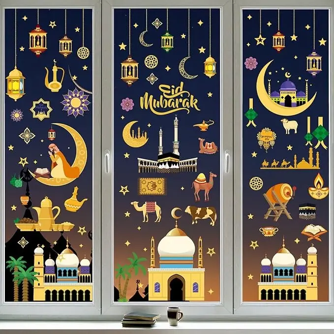 Ramadan Mubarak Window Clings 9 Sheets, Eid Mubarak Window Stickers Party Supplies Decorations Muslim Happiness Ramadan Eid Al-fitr Window Decor for Home Classroom Window Stickers