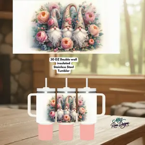 Vintage Floral Garden Gnome Trio 30oz Stainless Steel Insulated Tumbler with Handle