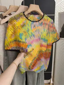 French retro loose round neck short-sleeve contrast trim beige women's multi-color contrast print spring and summer knitted top, sweater top, Lady, Womenswear, Knitwear