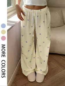 Women's All-Over Print Butterfly Knot Striped Wide-Leg Pants, Elastic Waist with Drawstring Design, Comfortable & Stylish Loose-Fit Casual Wear