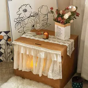 Maodour Lace Curtain Semi-Enclosed Pet Bed, Farmhouse Style Wooden Pet Cave with Warm Light, Cozy Hideout for Small & Medium Dogs Cats