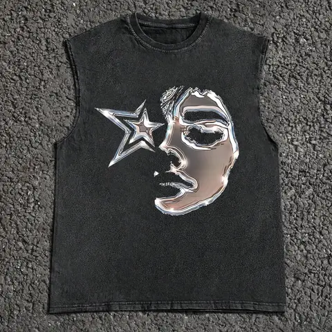 Unisex's Face Print Vest, Cotton Tank Tops, Street Fashion Casual Comfy Sleeveless Top for Daily Outdoor Wear, Unisex Top for Summer