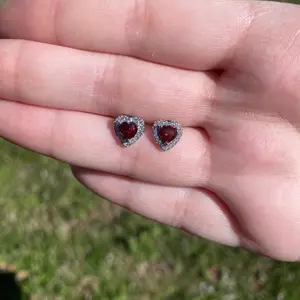 Natural Garnet Crystal Heart Earrings 925 Sterling Silver