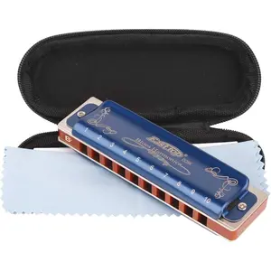 Professional Harmonica Blues Key of Bb 10 Hole 20 Tone Heavy Duty with Case & Cleaning Cloth for Professional Player, Beginner, by -East Top,Blue,