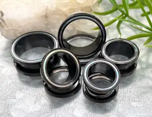 PAIR of Beautiful Mother of Pearl Rimmed Black Screw Fit Tunnels Plugs - Gauges 2g (6mm) thru 1" (25mm)