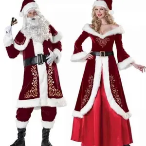 Santa Claus Costume Set, Hat+Shawl+Top Shirt +Loose Pants+Shoes+Gloves+Waist Belt, Deluxe Velvet Adult Santa Suit