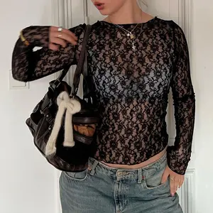 Sheer Lace Long Sleeve Tee Women's 2025 Summer New Sexy Basic Top Versatile Piece See Through Blouse for Party Club Dating Outfits