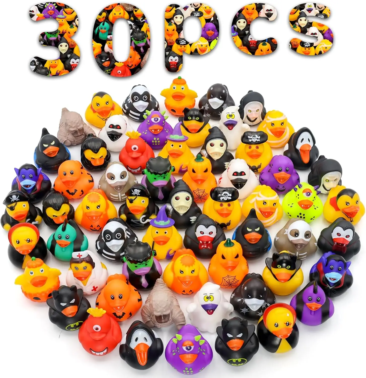 30PCS Halloween Rubber Ducks – 2.3 Inch Bulk Floating Duckies for Kids, Baby Bath Toys, Trick or Treat Party Favors, Birthday Gifts, Summer Pool & Bea