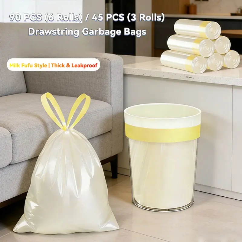 Highly Recommended Premium Cream Drawstring Trash Bags, HDPE+PE+PP Heavy Duty Thick Garbage Bags, 55×50cm 1.80×1.64ft 21.65×19.69inch, Unbreakable Puncture Resistant, 45/90 Counts for Kitchen Food Waste Home Bathroom Office