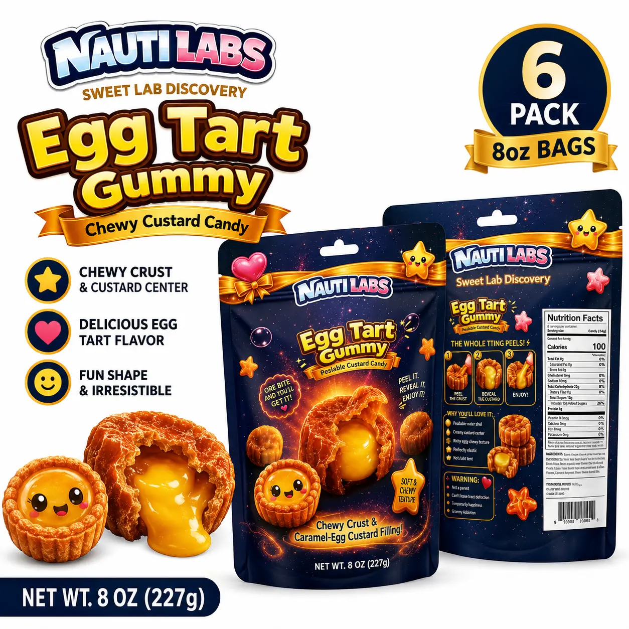 Nauti Labs Egg Tart Caramel Custard Gummy Candy 8 oz 6 Pack Dessert Inspired Chewy Gummies