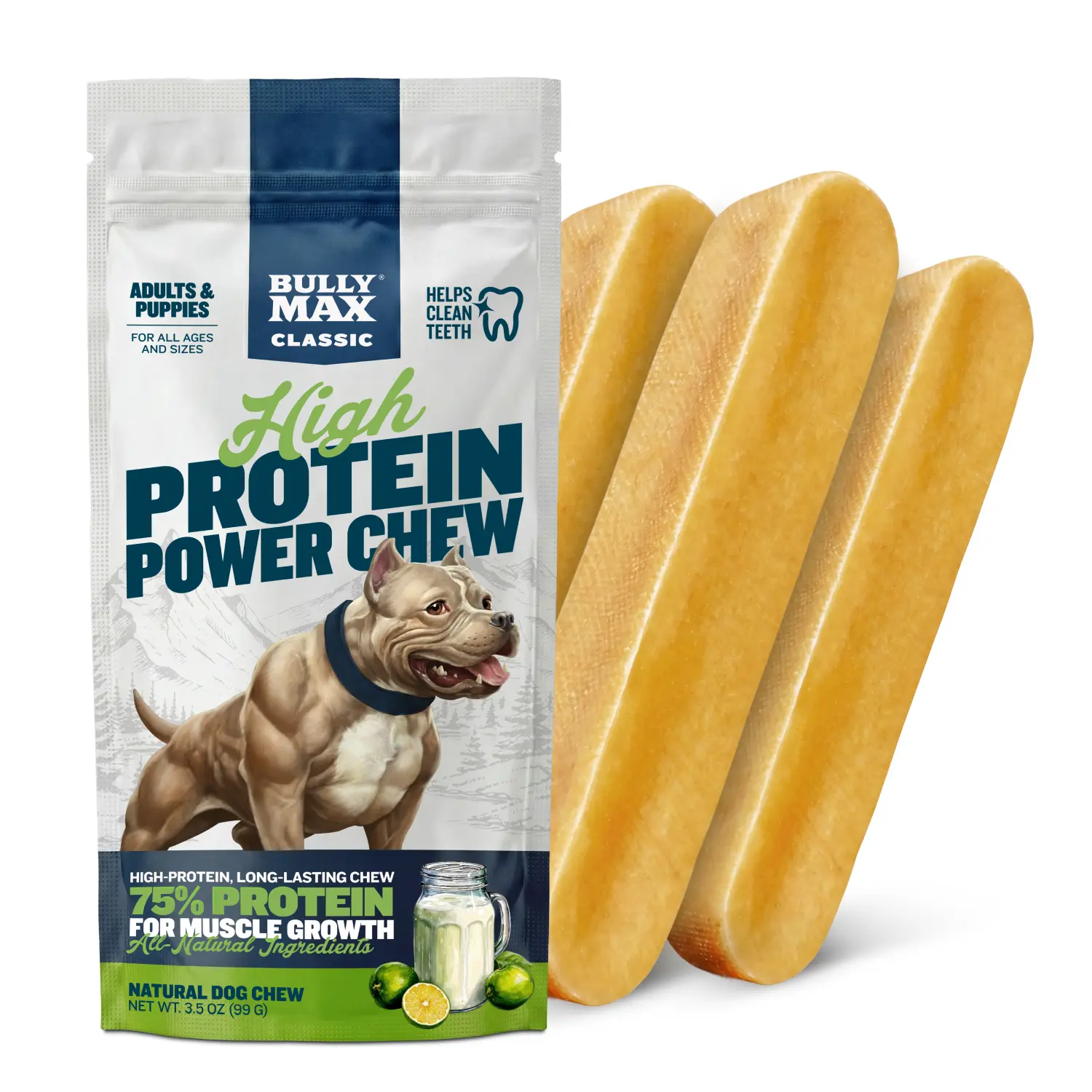 Bully Max High Protein Power Chews - 3-Pack Long-Lasting Gluten-Free Puppy Treats, 75g Protein per Chew, Teeth Cleaning Support, Universal for Muscle Growth (Lime Juice Flavor)