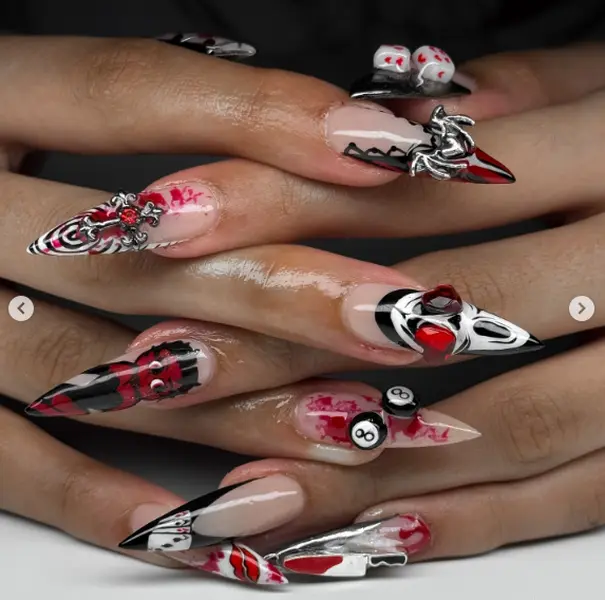 Ghostface Horror Press On Nails, Bloody Red Black Stiletto Nails, Halloween Scream Nail Set, Gothic Spooky Statement Nails