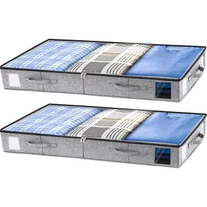 2 Pack Under Bed Storage Containers, 4.5" Low Profile Underbed Storage Bins with Sturdy Support, Stackable Space Saving Organizer with 4 Handles & Label Windows for Shoes Clothes Blankets