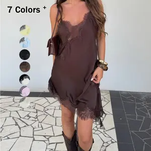 Women's Satin Lace Spliced Mini Dress Summer Sleeveless Backless Asymmetrical Slip Dress for Evening Party