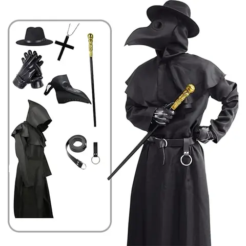 AYJKSEVEN Men's Unique Cartoon Scary Plague Doctor Costume - Halloween Outfit with Bird Beak Mask, Hooded Black Cloak Robe, Last Minute Special Occasion Wear