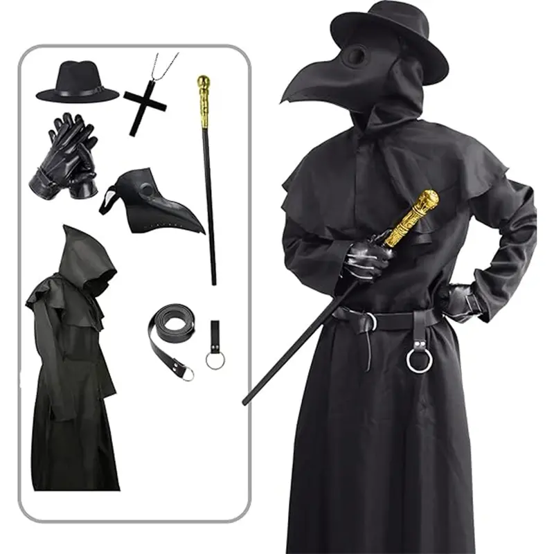 AYJKSEVEN Men's Creepy Cute Unique Cartoon Scary Plague Doctor Costume - Halloween Last Minute Special Occasion Wear with Bird Beak Mask, Hooded Black Cloak Robe,sohochic