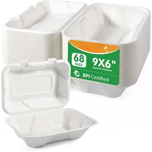 9x6", 68-Pack Clamshell Take Out  Containers, Compostable Heavy-Duty Disposable Paper Lunch Boxes, Biodegradable To Go Containers For (White)