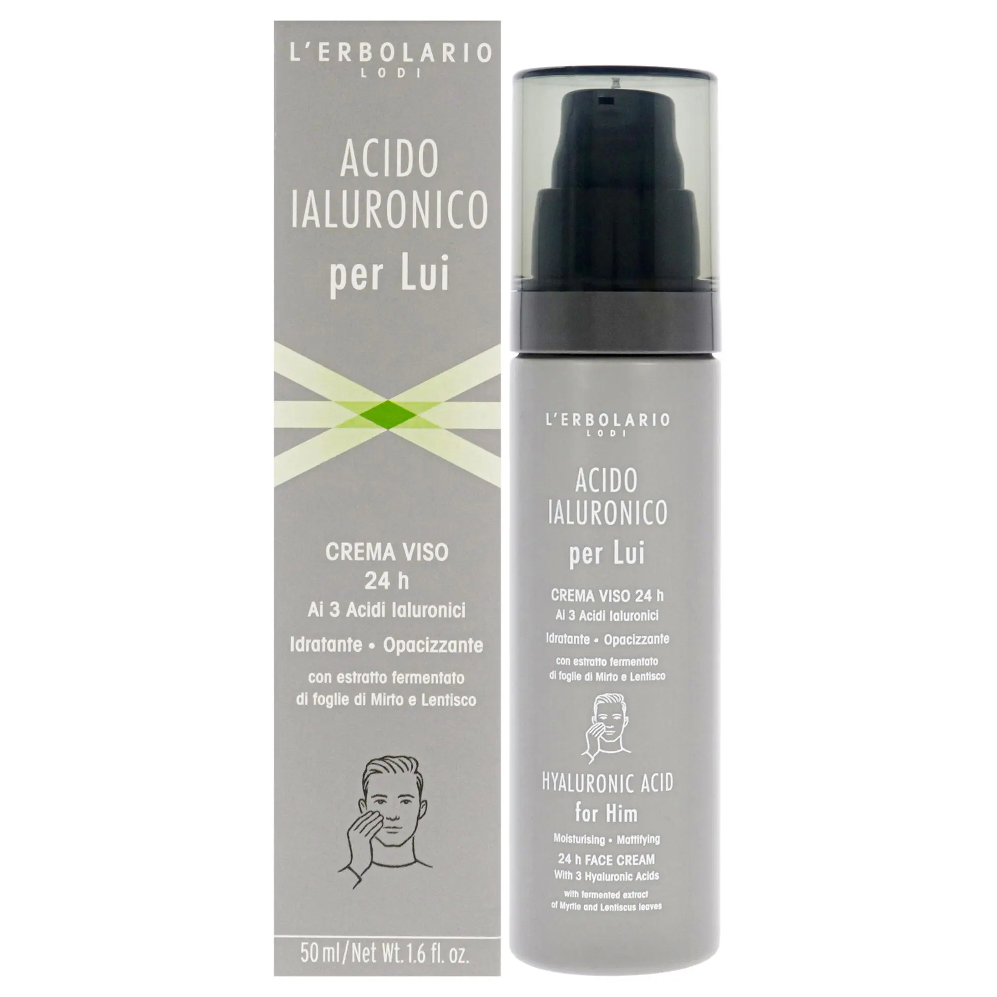 L’Erbolario Men’s Hyaluronic Acid Moisturizing Mattifying Face Cream with Mint & Lentiscus Leaves, 1.6 oz Bottle