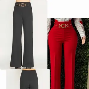 Solid Pendant Front Pants 95 Polyester 5 Spandex High Waist Flared Trousers for Women