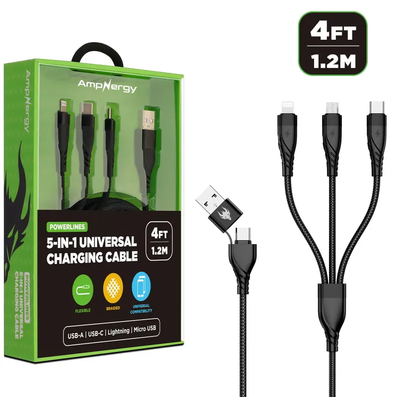 AmpNergy PowerLines 5-in-1 Universal Charging Cable 10FT 1.2M USB-A USB-C Lightning Micro USB Flexible Braided Universal Connectivity