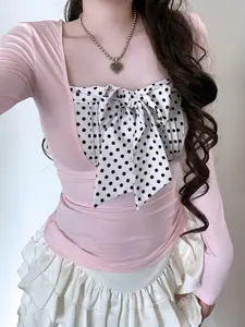 Polka Dot Bow Girls' T-Shirt, Bowknot Print Shirt, Square Neck Y2K Cute Long Sleeve Fall Winter Ruched Elegant T-Shirt, Fashionable Youthwear