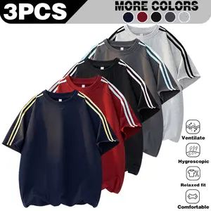 [ 3PCS Value Combination ] Men's Summer Double Bar Color Contrasting Retro Jumping Shoulder Sleeve T-shirt Loose, Casual, Soft, Skin friendly, Fashionable, ersatile, Trendy Men's Short Sleeve T-shirt