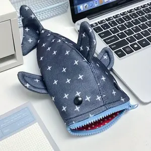 Fashionable Blue Shark Canvas Pencil Case with Star Pattern, Zipper Closure - Ideal for Daily Storage, Crochet, Office and School Supplies, 1pc Set, Cute